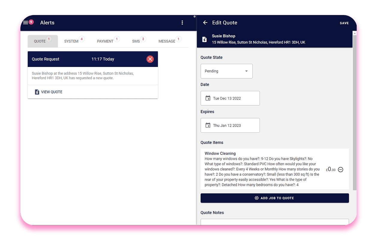 An alert showing the quote request information and editable quote on Squeegee