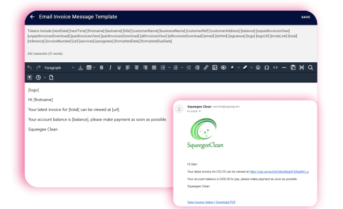 Personalise the email and SMS message that is sent with an invoice using the templates and tokens in Squeegee