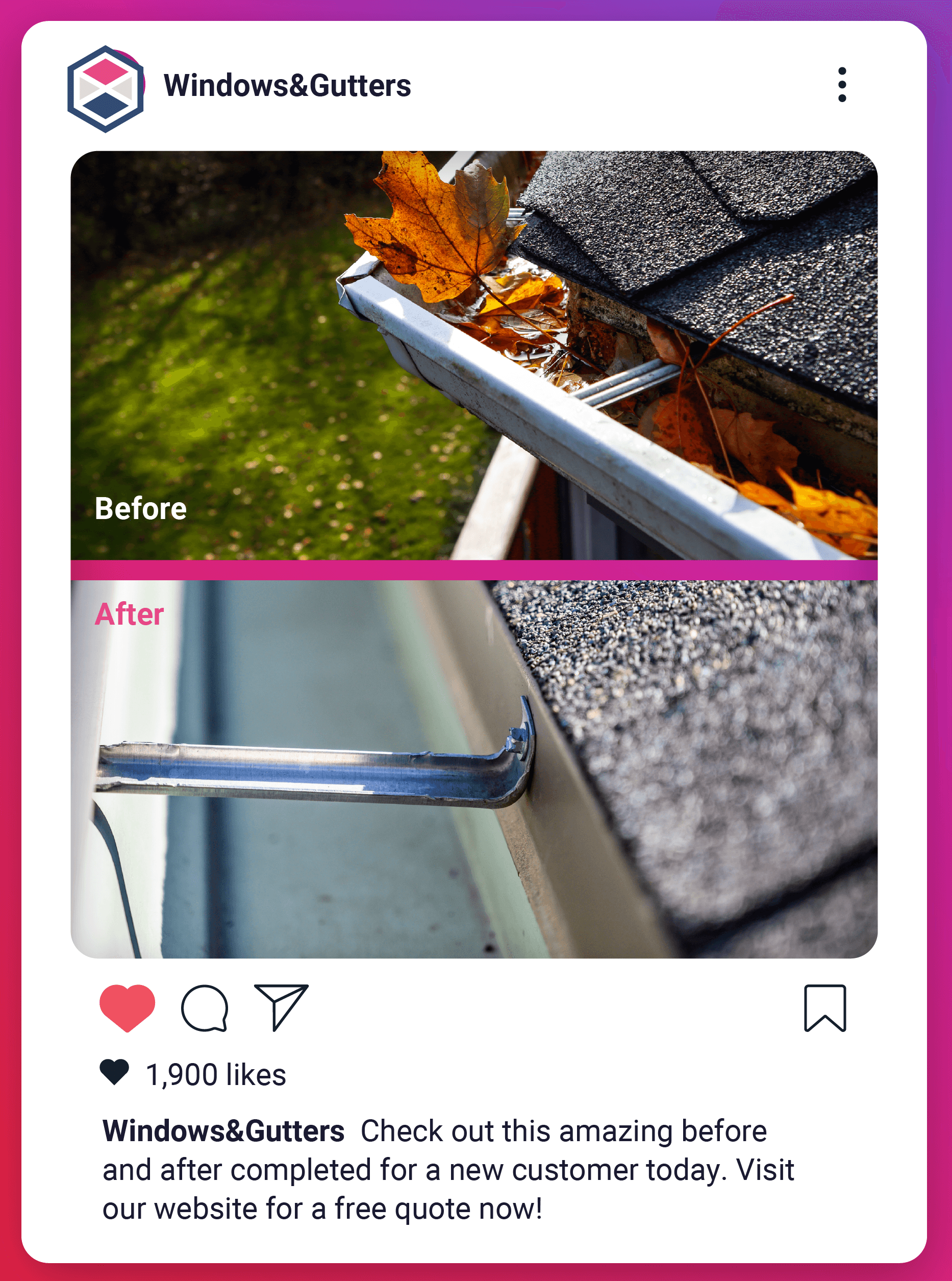 An Instagram post showing before and after shots of a gutter clean