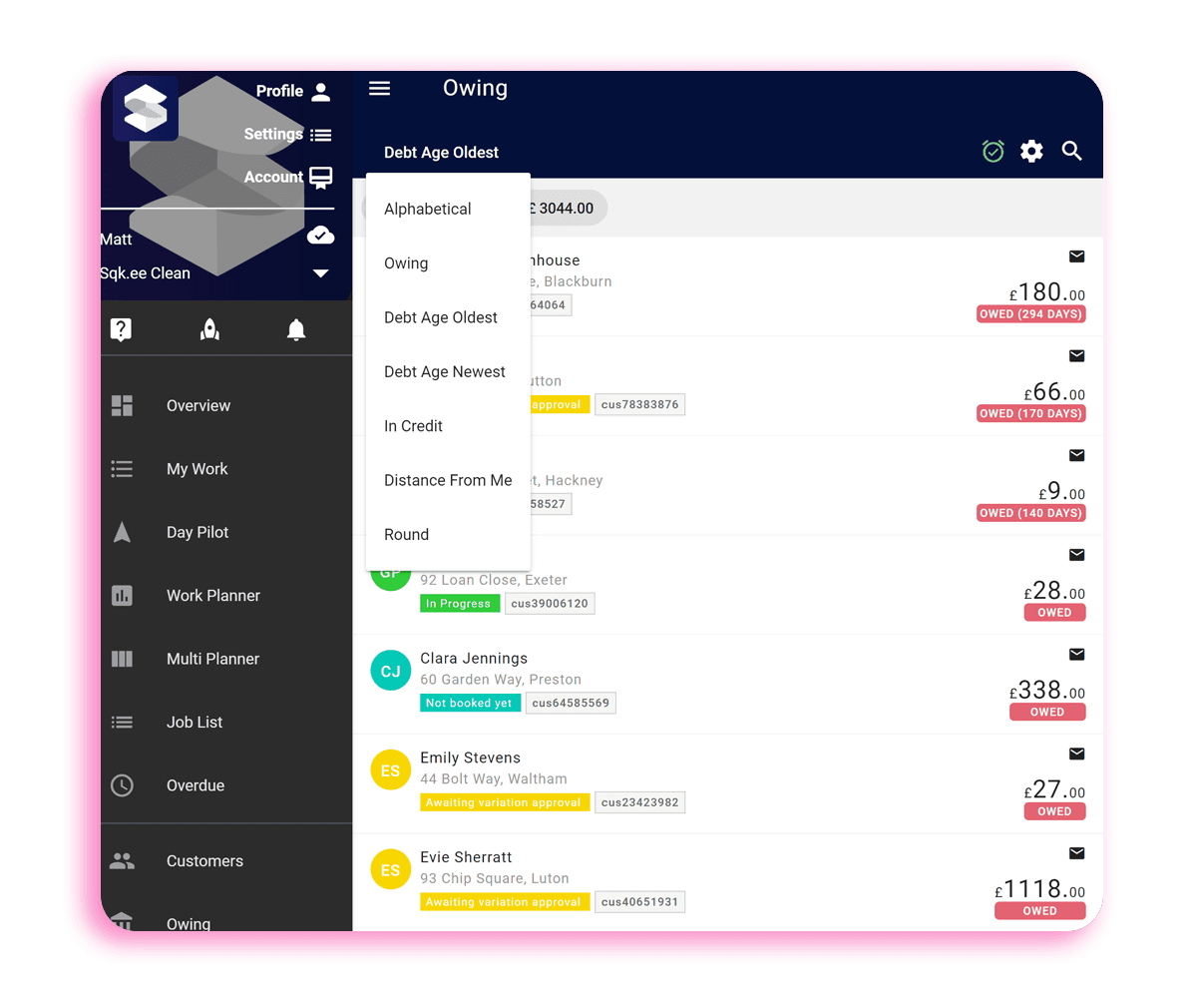 The owing list on a Squeegee account showing the different ways the data an be displayed and ordered