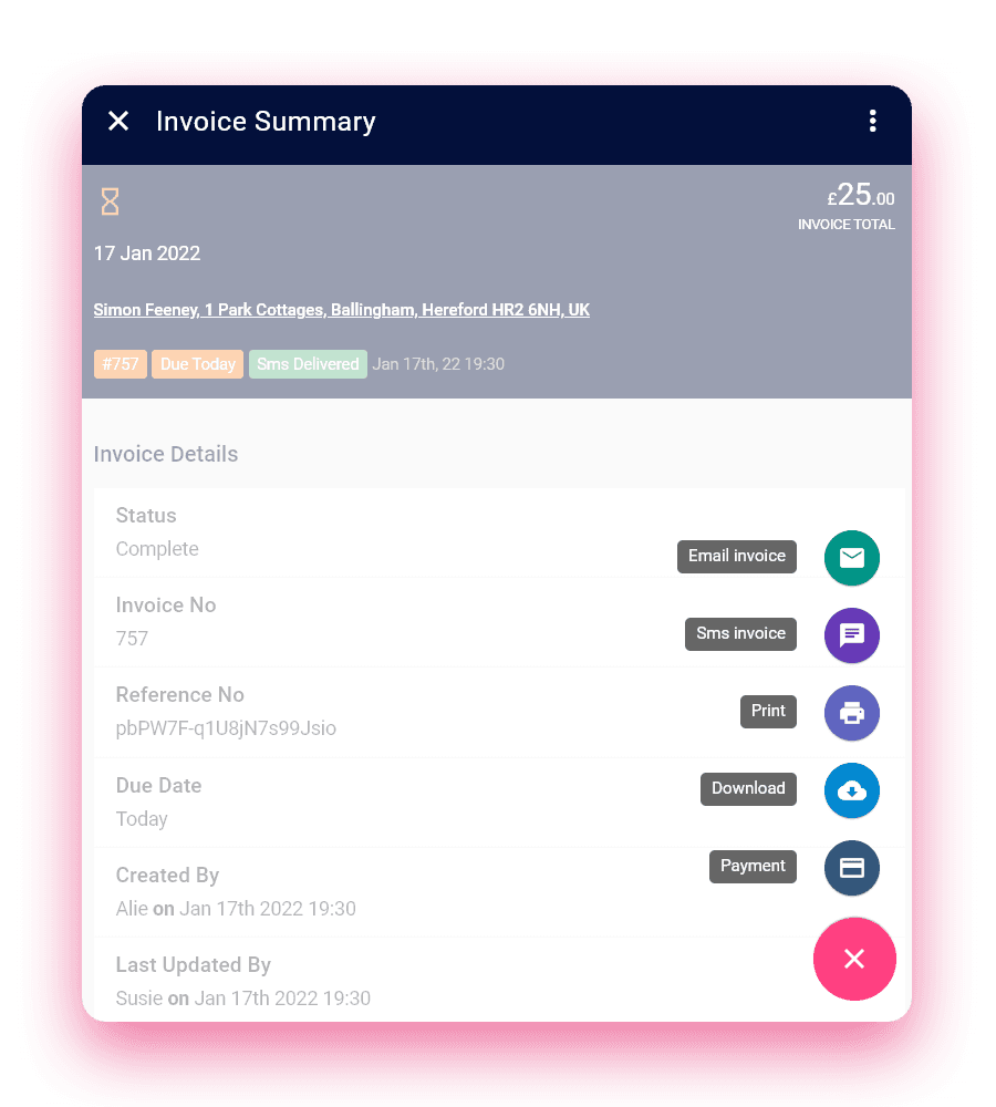 Send invoice manually via SMS or email in Squeegee