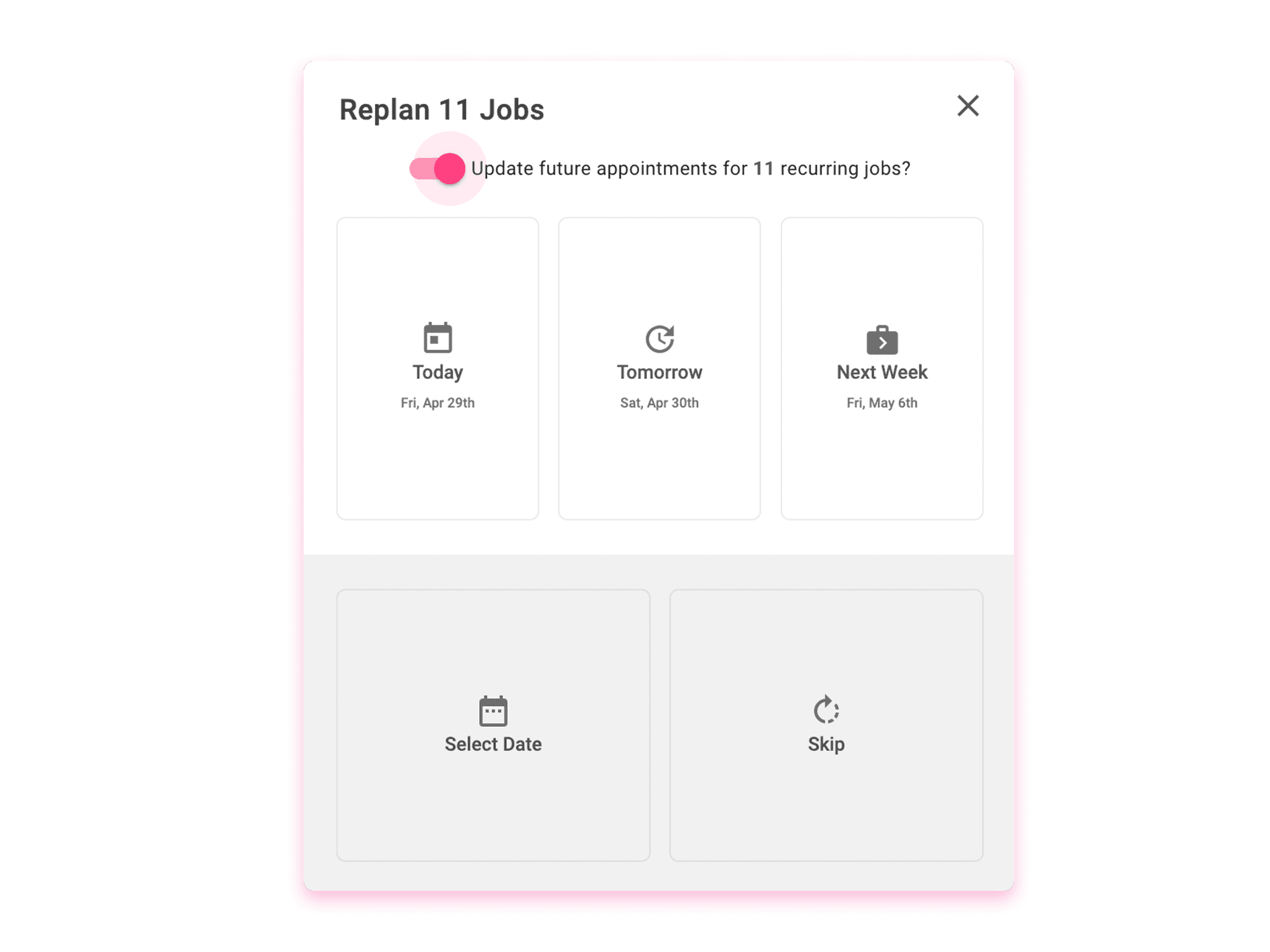 Squeegee's quick and easy to use replan dialog