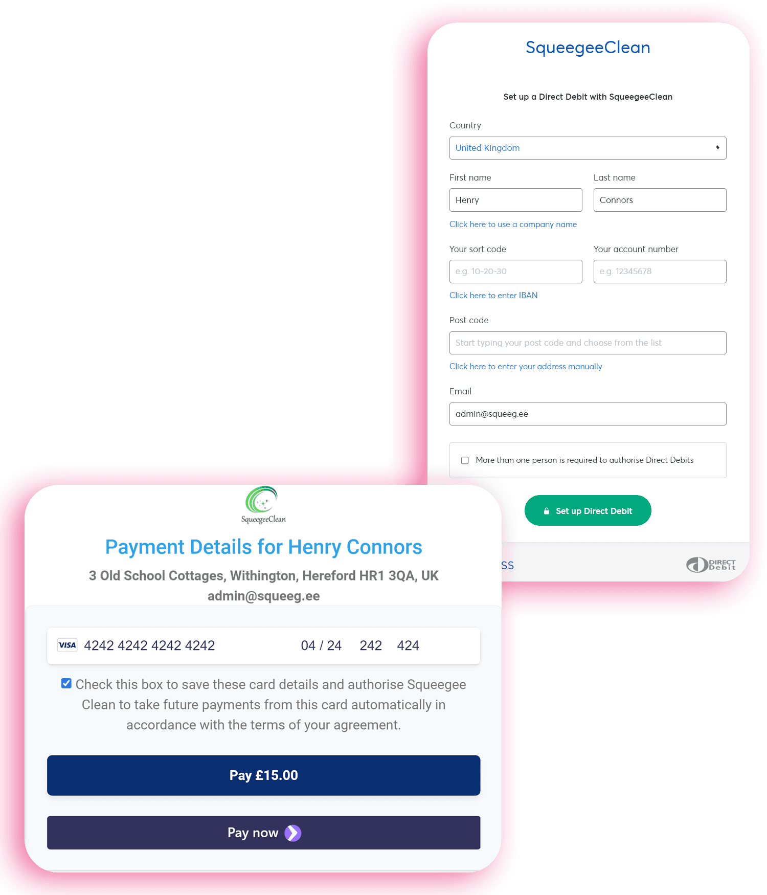 Easy set-up for direct debit or card payments