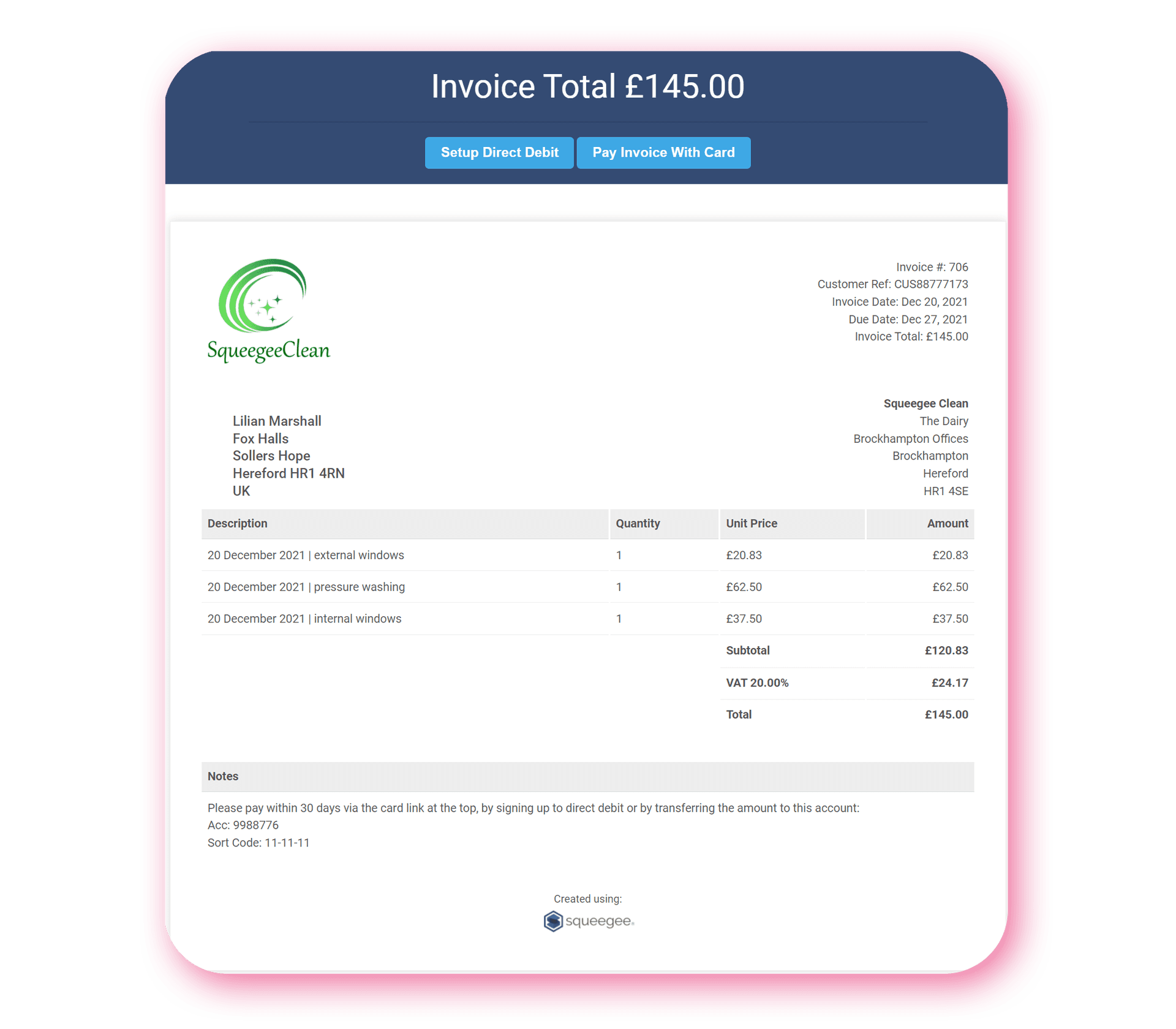 Invoice as the customer sees it on their device