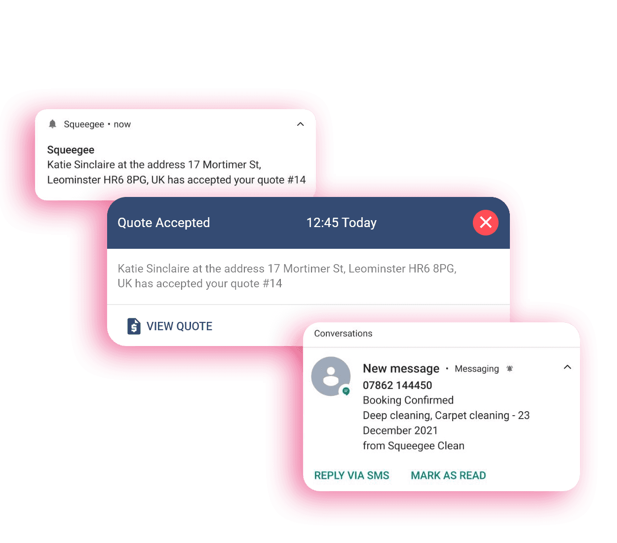 Alerts showing in the app and via push notifications to indicate a quote has been accepted with an automated booking message to customers. 
