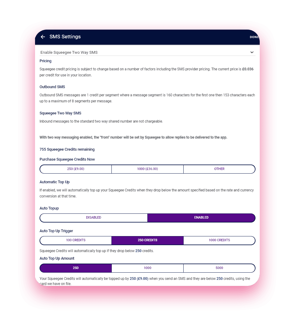 SMS settings screen in Squeegee