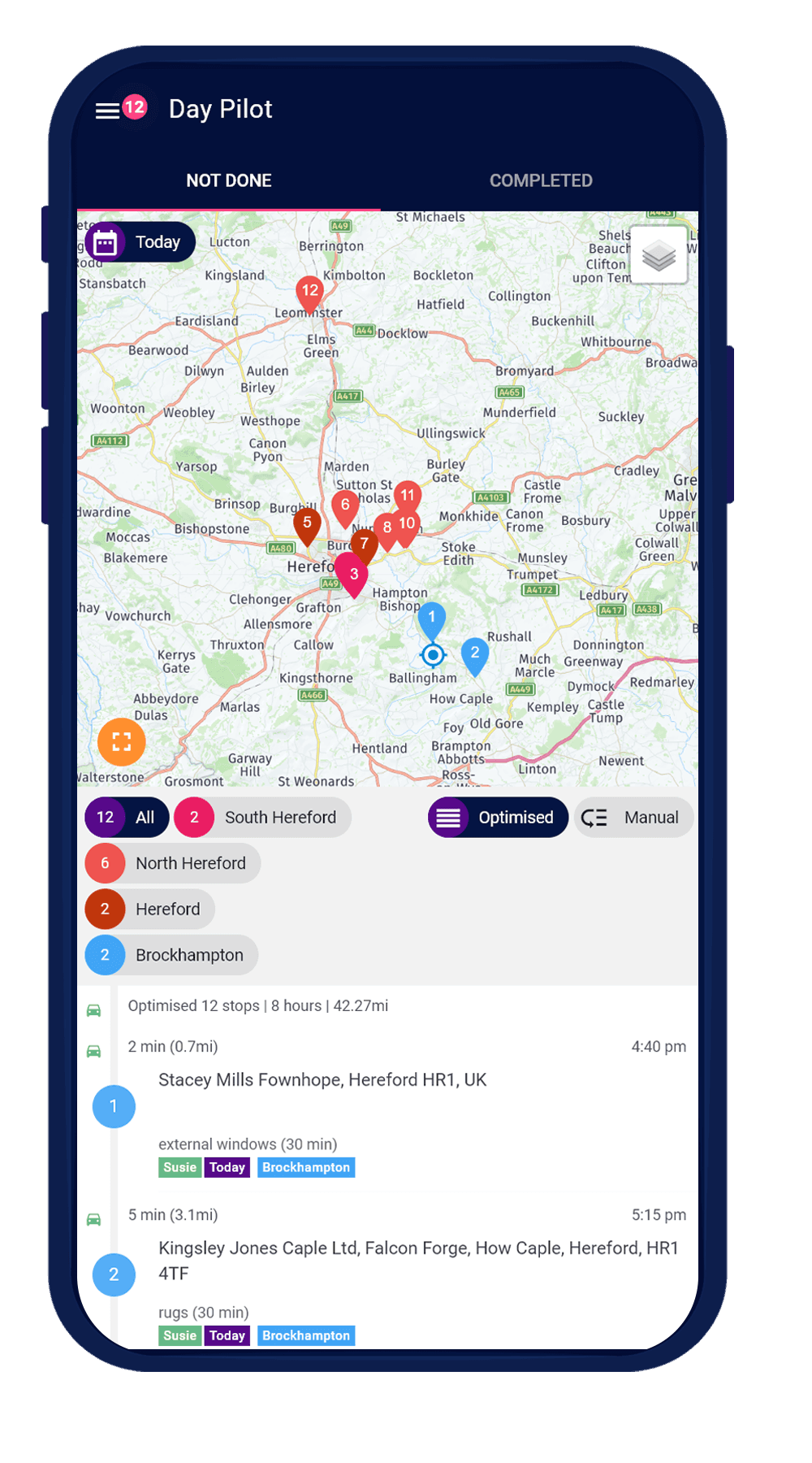 Day Pilot view on mobile showing job locations in an optimised route.