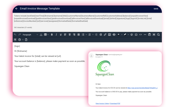 Personalise the email and SMS message that is sent with an invoice using the templates and tokens in Squeegee