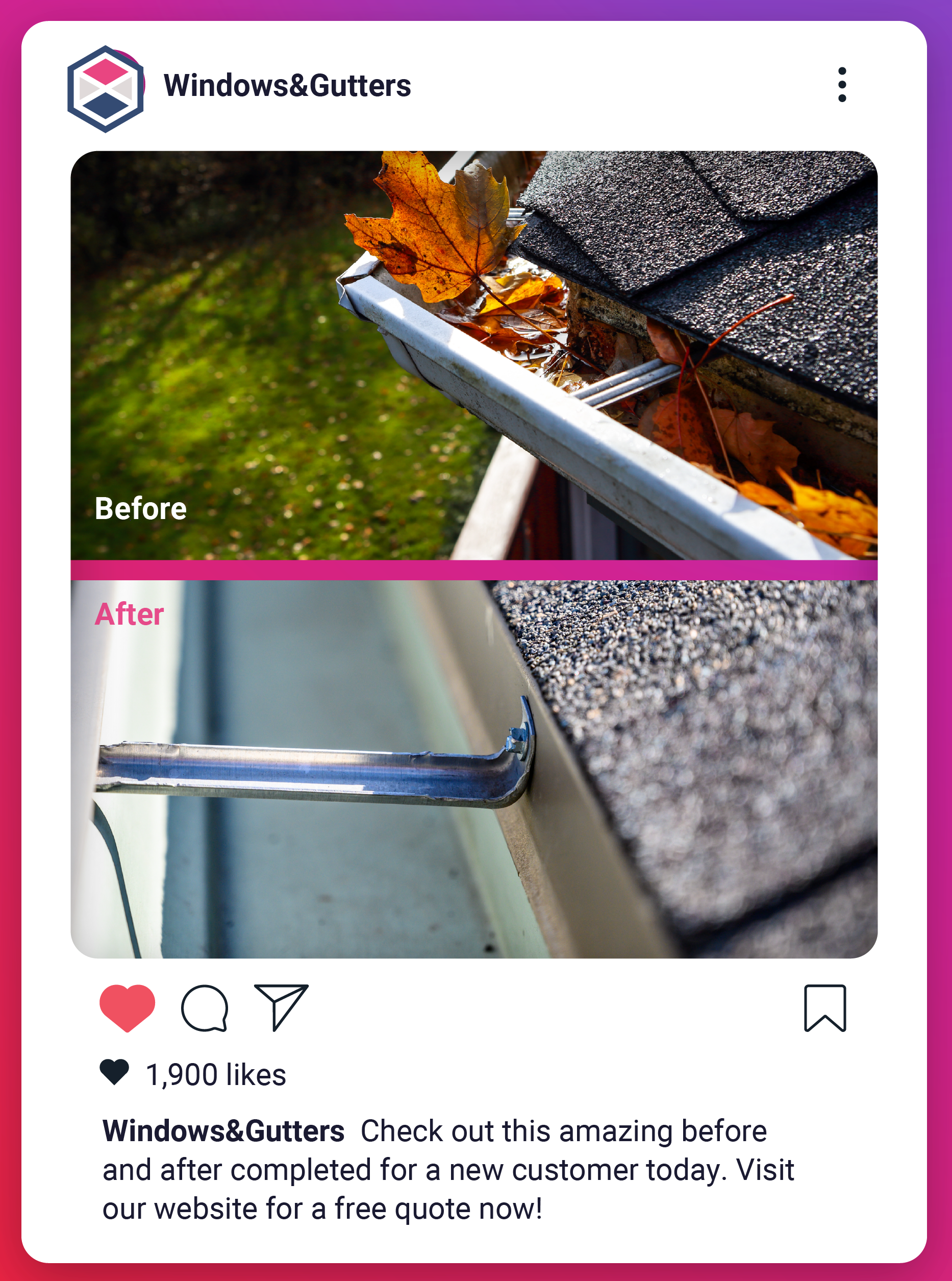 An Instagram post showing before and after shots of a gutter clean