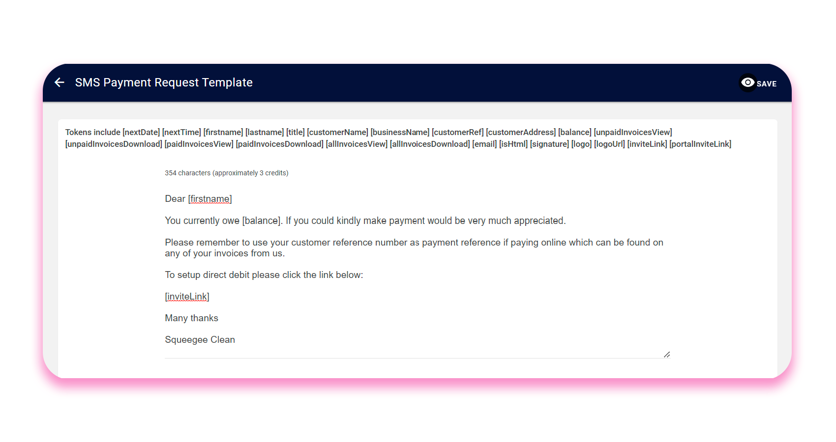 An example of a payment request template in Squeegee