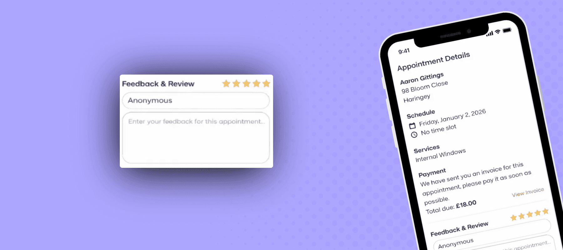 a phone against a purple background showing a screenshot of the appointment details screen in Squeegee with a zoomed in screenshot of the feedback & review section