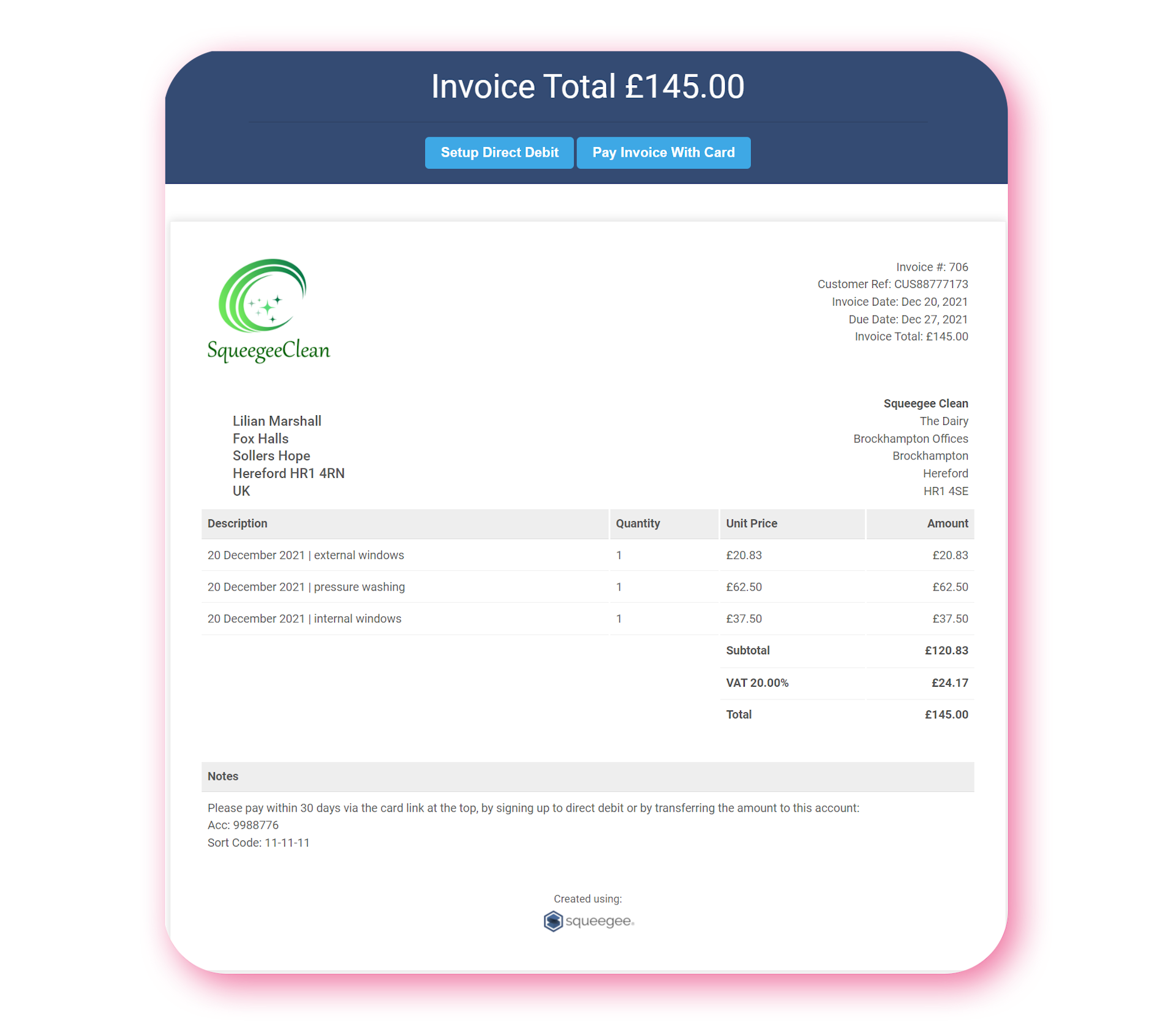 Invoice as the customer sees it on their device