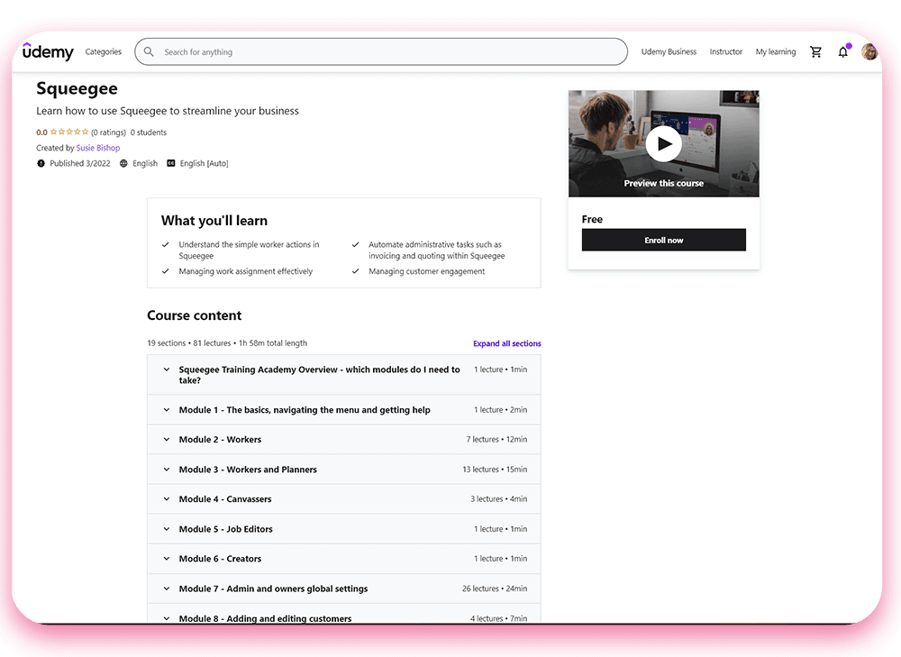 Squeegee Training Academy Udemy course overview showing what you'll learn and course content.