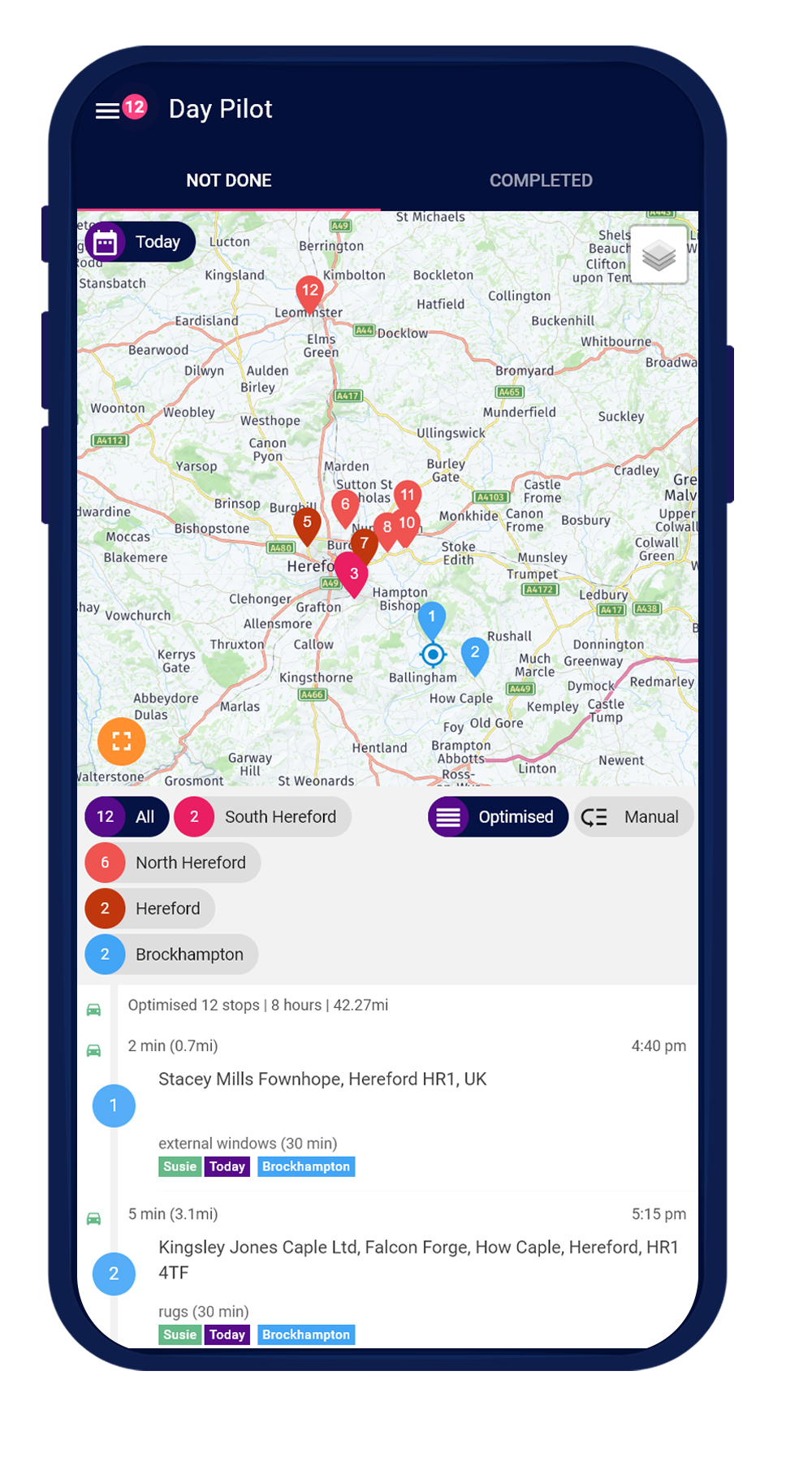 Day Pilot view on mobile showing job locations in an optimised route.